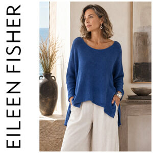 Eileen Fisher XL Blue 100% Organic Cotton Sweater Peru Oversized Textured Knit